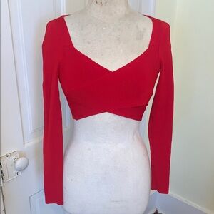 Express Red Cropped Knit Criss Cross Body Contour Front Wrap Long Sleeve Top XS